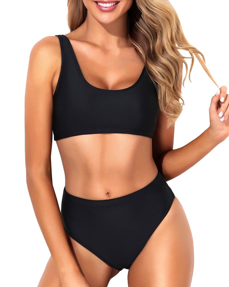 Tempt Me Women Black Two Piece Scoop Neck Bikini Crop Top Swimsuit Sporty High Waisted Bathing Suit Suit M - Image 1